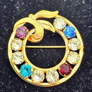 Van Dell 1950s 12K GOLD FILLED Elegant Gold Multicolor Gemstone Brooch